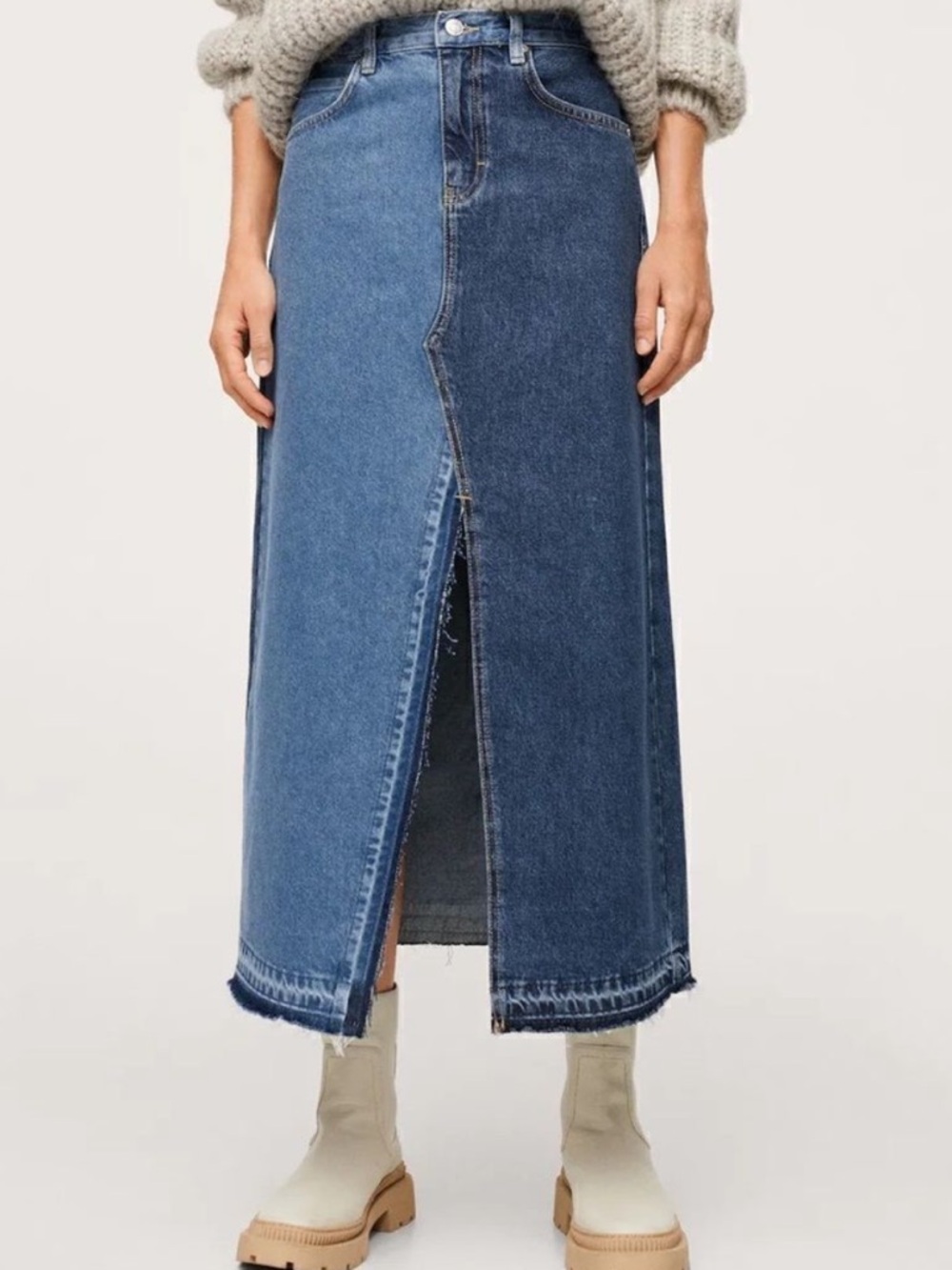 Mango Two-Tone Blue Denim Midi Skirt with Front Slit